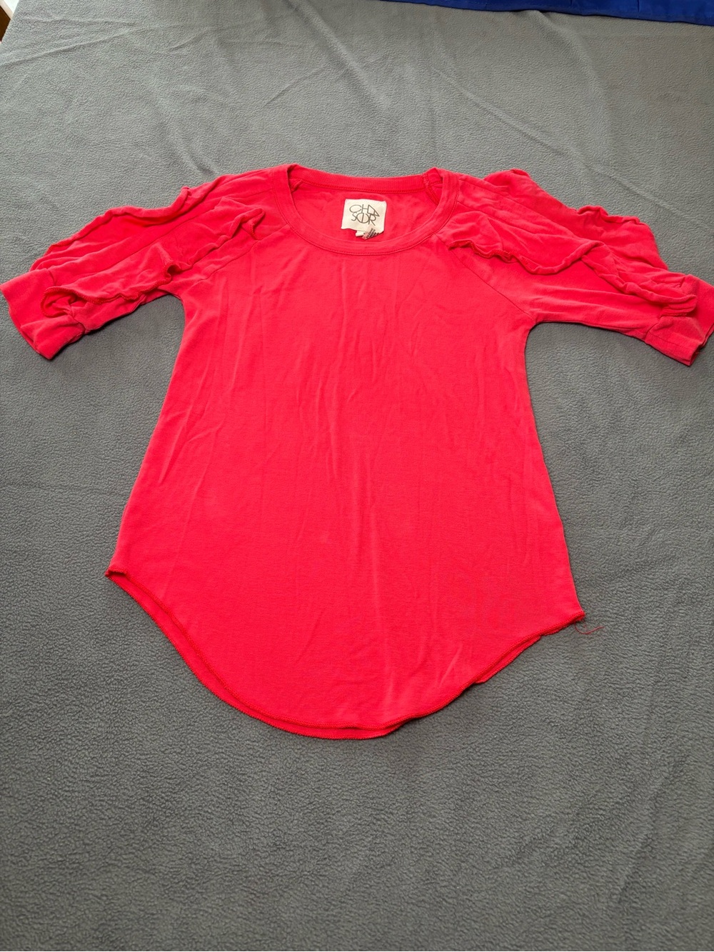 CHASER Red Ruffle Sleeve Knit 100% Cotton Crew Neck Pullover Women’s S